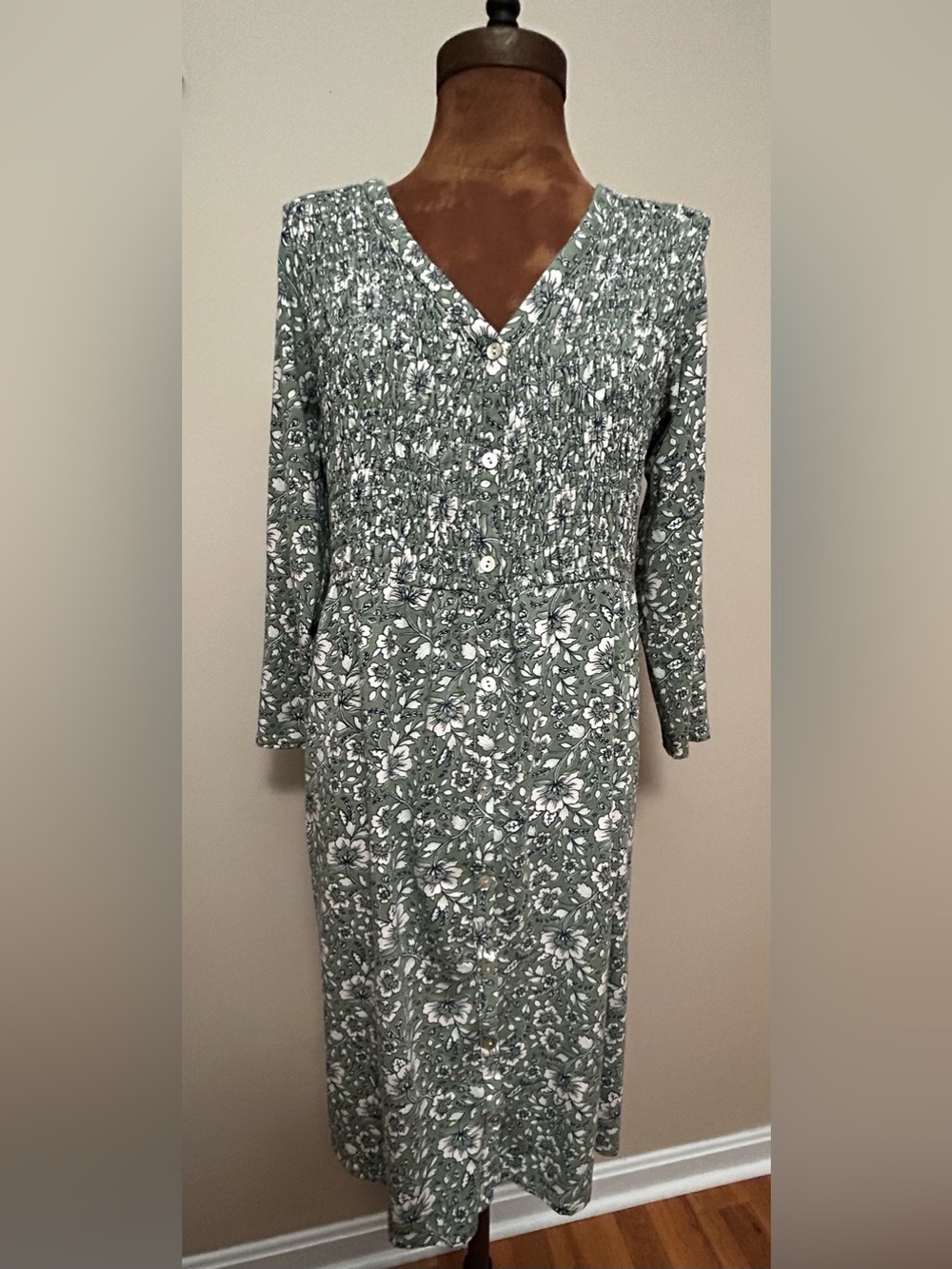 J Jill Sage Green Floral Smocked Midi Dress